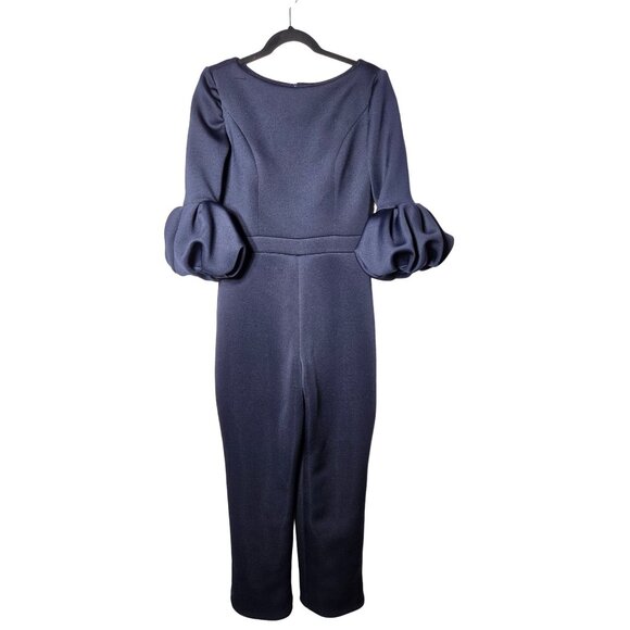 Jovani Womens Navy Blue Jumpsuit Size 10 Puff Sleeves Formal Elegant Stretch - Picture 1 of 11